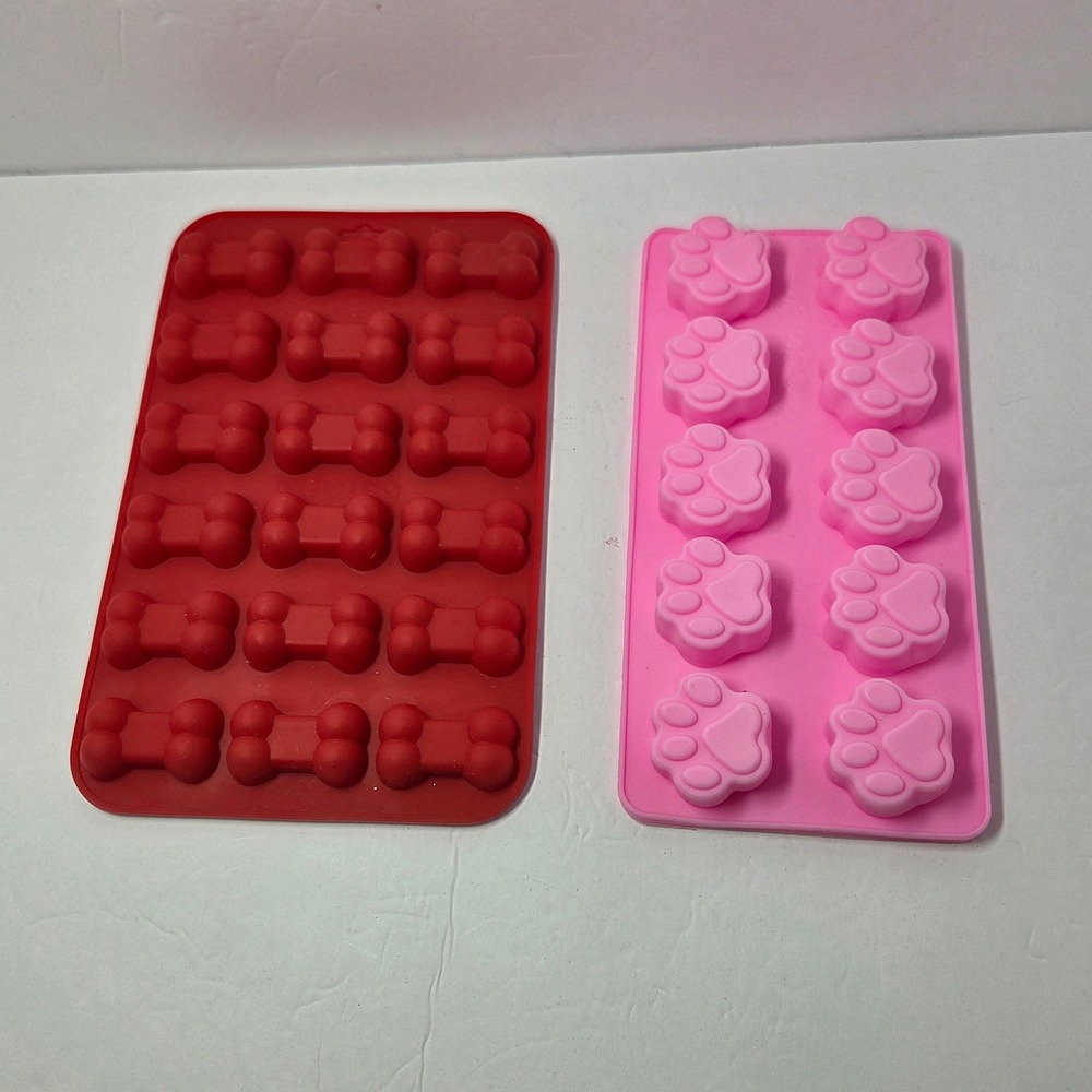 4pc Silicone Pet Treat Molds Paw Print and Bone Shapes Red Purple Pink